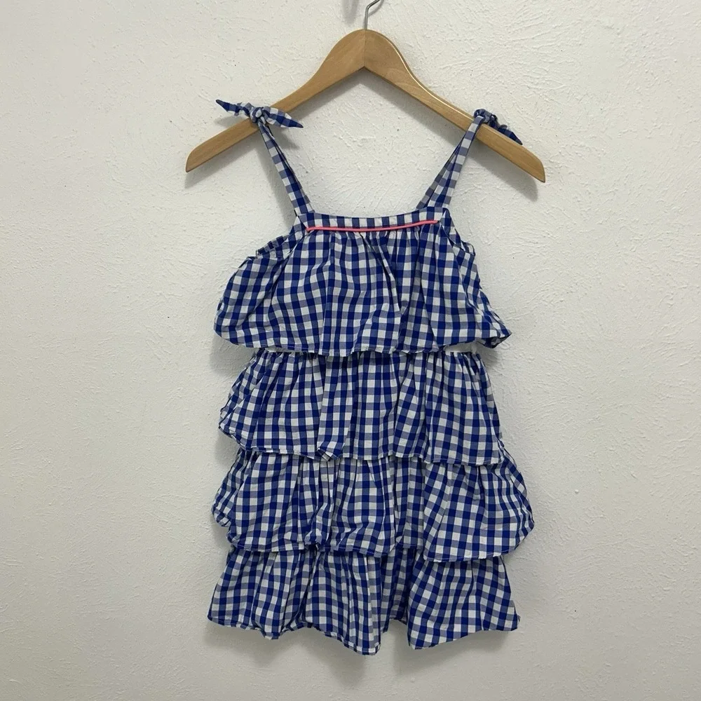 J. Crew Crewcuts Blue Gingham Dress‎ Tiered Ruffle Classic Size 8 French Picnic